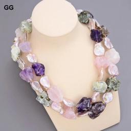 GuaiGuai Jewelry 19" 2Rows Natural Pearl Pink Coin Pearl Multi Color Rough Amethyst Prehnite Gemstone Necklace