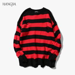 Black Red Striped Sweaters Washed Destroyed Ripped Sweater Men Hole Knit Jumpers Men Women Oversized Sweater Harajuku