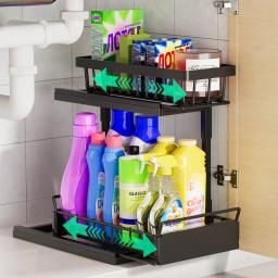 2 Tier Under Sink Organizer and Storage Basket,Slide Out Under Cabinet Organizer Shelf,Multi-Purpose Pull Out Drawer Cabinet