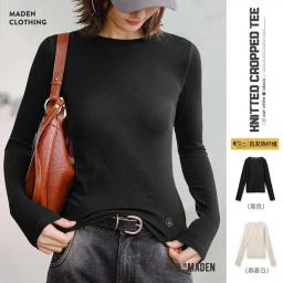 Maden Women Long Sleeve Knitted Tops Solid Color Round Neck Bottoming Shirt Slim Fit Warm Inner Top T-shirt for Autumn Winter