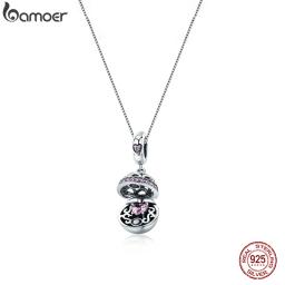 Bamoer 925 Sterling Silver Love Gift Box Dangle Ball Pendant Necklace Pink Heart Zircon Neck Chain for Women Fine Jewelry