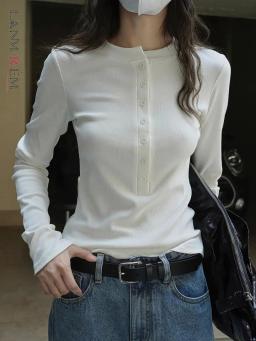 [LANMREM] Fashion Knitting T-shirt For Women Solid Round Neck Single Breasted Long Sleeve Slim Tops 2024 Spring New 26D8774