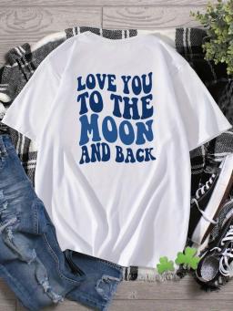 'Love You To The Moon and Back Pattern Print Women's Comfy T-shirt Graphic Tee Female Summer Outdoor Clothes, Clothing, Tops