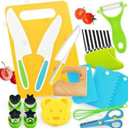 17 Pieces Kids Cooking Set Real Montessori Kitchen Tools Toddler Safe Serrated Edges with Plastic Knife Cutting Board Scissors