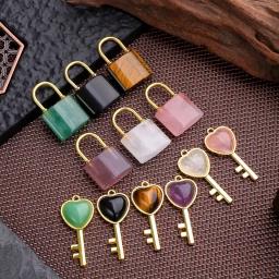 1 Set Natural Crystal Couple Lock Necklace Pendant Set Heart Shaped Key Piece Pink Crystal Amethyst Tiger Eye Stone Lock