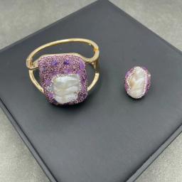 Fashion Amethyst Original Stone Baroque Freshwater Bangle with Ring Set Dotted with Rhinestone Love Guardian Jewelry