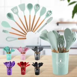 12PCS Silicone Kitchenware Non-Stick Cookware Kitchen Utensils Set Spatula Shovel Egg Beaters Wooden Handle Cooking Tool Set