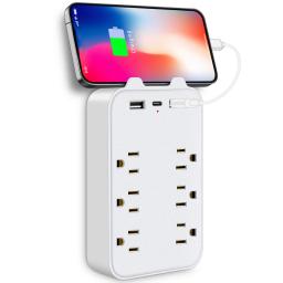 9-in-1 Surge Protector 6-Outlet Extender with 2 USB & 1 USB-C Ports Power Strip Multi Plug Outlets Wall Adapter Spaced for Home