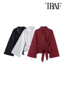 TRAF-Women's Long Sleeve Kimono Blouses With Bow Tie, Front Button, Female Shirts, Chic Tops, Fashion