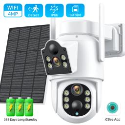 4MP Wireless Solar Camera Dual lens WiFi PTZ Camera Outdoor Built-in Battery Video Surveillance Camera Long Time Standby iCsee