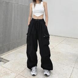 Women Big Pockets Cargo Pants Y2k High Elastic Waist Drawstring Baggy Trousers Vintage Casual Loose Side Zipper Straight Pants