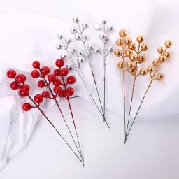 3PCS Artificial Red Gold Berry Stems Burgundy Picks Holly Berries Branches for Christmas Tree Crafts Wedding Holiday Decorations