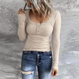 Women Long Sleeve Henley T Shirts Button Down Slim Fit Tops Scoop Neck Ribbed Knit Shirts Weightlifting Long Sleeve Shirts