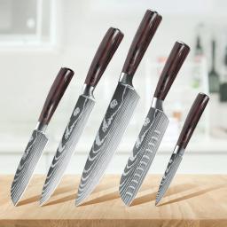 5 PCS Kitchen Knives Set Chef Slicing Utility Paring Knife High Carbon Stainless Steel Ergonomic Pakka Wood Handle Cooking Knife