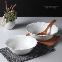 9inch, White Embossed Porcelain Soup Dinner Serving Bowl. Ceramic Mixing Bowls for Baking, Design, Kitchen Cooking