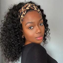 Afro Kinky Curly Wig with Head Band 18'' Kinky Curly Headband Wigs for Women Synthetic Fluffy Curly Turban Wig Cosplay Daily Use