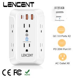 LENCENT  Wall Socket Extender with 6 AC Outlets 2 USB  PD 20W Type C  Port Power Adapter Surge Protection for Home