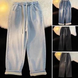 Korean Winter Wide Leg Jeans Plush Lined Elestic High Waist Denim Pant Baggy Warm Woman Vaquero Thick Solid Color New Pantalones