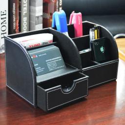 Home Office Desk Organizer PU Leather Storage Box Pen Pot Pencil Holder Remote Control Box Name Card Holder Stand