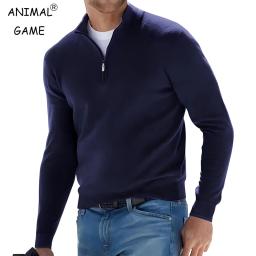 New Men's Long Sleeve Pullover Solid Color Half Zipper Sweaters V-neck Knitted Sweater Men Oversized Breathable Streetwear