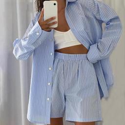 Two-piece Shirt Shorts Set women Loung Wear Tracksuit Women Shorts Set Stripe Long Sleeve Shirt Tops Loose High Mini Shorts Sets