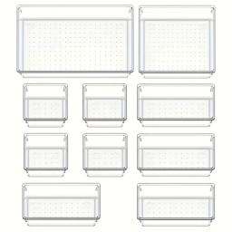 10-Piece Versatile Drawer Organizer Set - Clear Plastic Trays and Dividers in 4 Sizes for Perfect Makeup and Kitchen Storage