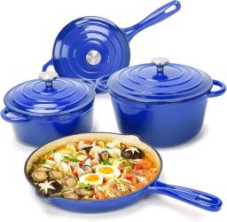 Enameled Cast Iron Cookware Set - 7 Piece  of Dutch Ovens, Sauce Pan, Skillet, 3 Lids,  Oven