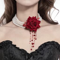 Rose Multilayer Imitation Pearl Necklace Tassel Imitation Blood Drop Clavicular Chain Halloween Necklace Jewelry Choker Gothic