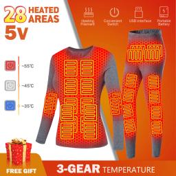 28 Zones Heated Underwear Set Men Women Winter Heated Suit Set USB Electric Powered Thermal Heating Pants Tops Outdoor Sports