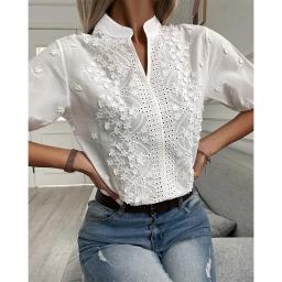 Chic Hollow-out Embroidery White Cotton Shirt Floral Patterns Decoration V Neck Casual Lace Blouse Half Puff Sleeved Tops Women