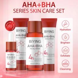 AHA+BHA Series Skin Care Set 4pcs Facial Toner Serum Cream Foam Cleanser Beauty Essentials Korean Beauty