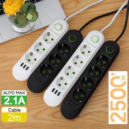 EU Plug Power Strip with 3 USB Ports Extension Cord Socket Network Filter Round Pin AC Outlet 2500W Electrical Charge Adapter