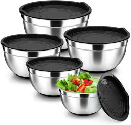 Mixing Bowl Set of 5, Stainless Steel Nesting Bowls for Kitchen Baking,Serving, Airtight Lids, Heavy Duty & Dishwasher Safe