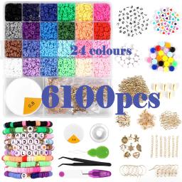 6100Pcs Polymer Clay Beads Set Rainbow Color Flat Chip Beads For Boho Unique Bracelet Necklce Making Letter Beads Accessorie Kit