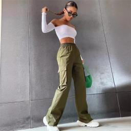 Chic Women Big Pockets Cargo Y2k High Elastic Waist Drawstring Baggy Trousers Vintage Casual Loose Side Zipper Straight Pants