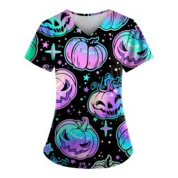 Halloween Print Nurse Uniform Women Short Sleeve V-neck Tops Healthcare Tunic Pocket Blouse Overalls Female uniforme clinico