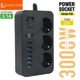 EU Plug AC Outlet Power Strip Multiprise Smart Home Extension Cord Electrical Socket 6 USB Port 3.1A Phone Charge Network Filter