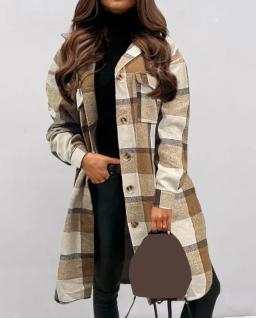 Women's Jacket 2024 Autumn Fashion Button Pocket Design Plaid Print Casual Turn-Down Collar Long Sleeve Daily Longline Shacket