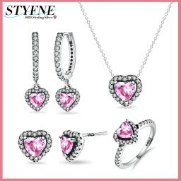 925 Sterling Silver Pink Shiny Love Full of Diamond Jewelry Set Series Charm Ring Necklace Earrings Women Exquisite Jewelry Gift