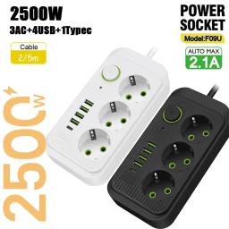 5M EU Plug AC Outlets Multitap Socket Extension Cord Electrical Power Strip With USB Type C Fast Charging Network Filter Adapter