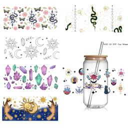 Wholesale New  Design Hot  Moon and Sun  Hand Celestial 16 oz libbey Glass  UV  DTf  Cup wrap  Stickers Ready to USe