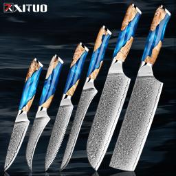 Damascus Kitchen Knives 1-6 Set, Damascus Steel Japanese Santoku Knife Utility Knife Boning Knife,Cooking knife Ergonomic handle