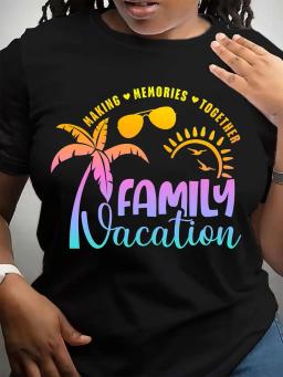 Family Vacation Print Crew Neck T-shirt, Casual Short Sleeve Summer Daily Top, Women's Clothing