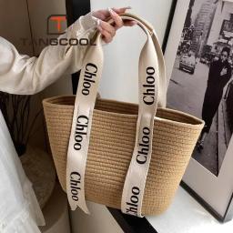 2024Fashion Design Women's Handbag Holiday Style Letter Ribbon Grass Woven Shoulder Bag Beach Vacation New Knitted Crossbody Bag