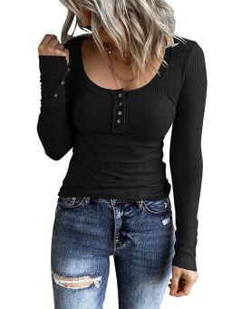 Women’s Henley T-Shirts Long Sleeve Scoop Neck Button Down Solid Color  Fit Tops