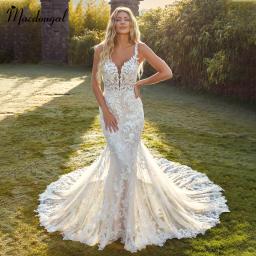 MACDOUGAL Fashionable Mermaid Wedding Gown for Bride Lace Appliques Deep V Neck Sleeveless Tulle Court Train Bride Dresses