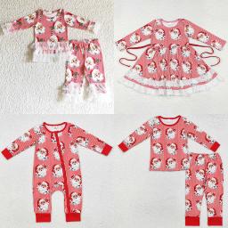 Hot Sale Girls Clothes Christmas Stripes Santa Claus Girls Dress Boutique Kids Sibling Clothing Boys Pajamas Match Baby Rompers