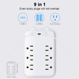 9-in-1 Surge Protector 6-Outlet Extender with 2 USB & 1 USB-C Ports Power Strip Multi Plug Outlets Wall Adapter Spaced for Home