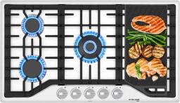 36 Inch Gas Cooktop with Griddle PRO GH3365SF 5 Burner Gas Stovetop with Reversible Cast Iron Grill/Griddle