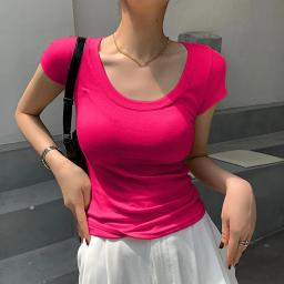 2024 New Hot Pink Sheath Short Sleeve T-shirt Ladies Chic Korean Style Push Up Slim Fit Punk E-girl Cropped Tops Streetwear